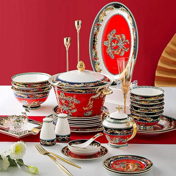 Elegant Dinner Plates,Classic Pottery Tableware,Ceramics Dinner Sets, 70 Pieces American Style Light Luxury Dinnerware Set | Plate/Bowl/Soup Pot - Coffee Set and Porcelain Combinat