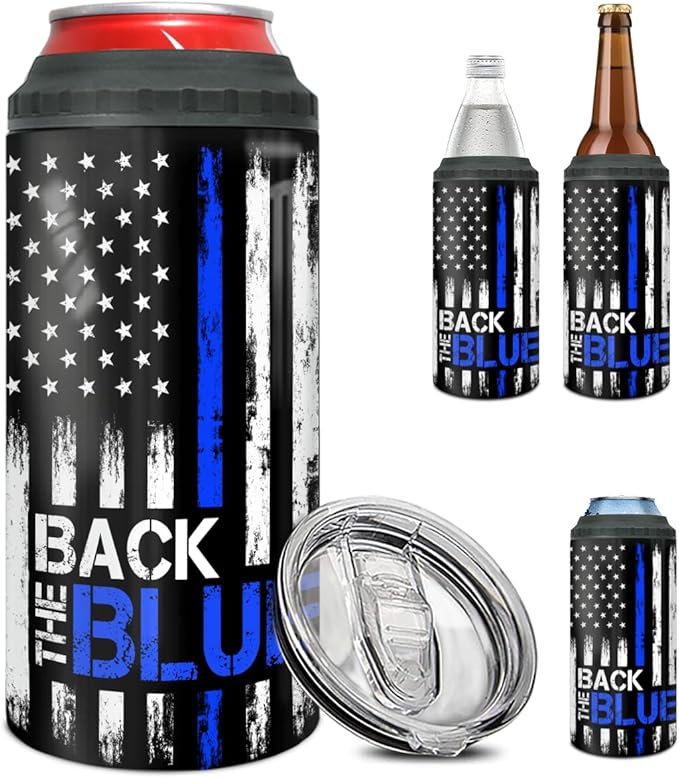 winorax Police Gifts Back The Blue American Flag Tumbler 4-in-1 Can Cooler Stainless Steel 12oz Travel Mug Coffee Cups US Flag Police Academy Graduation Gifts for Men Cops Officer Retirement