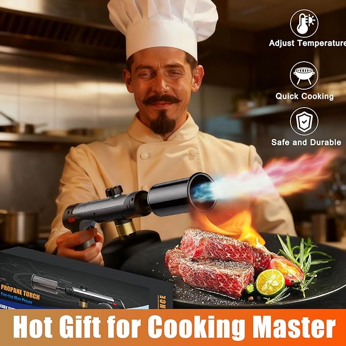 Torch Gun with One-Touch Max Fire, Safety Lock, Blow Torch Gun for BBQ, Grill, Charcoal Lighter, Cooking Flamethrower (Tank Not Included)