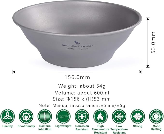 Boundless Voyage Ultralight Titanium Bowl Pan Plate Dish with Carry Bag Outdoor Camping Portable Tableware Cookware (Ti15164B (600ml Bowl))