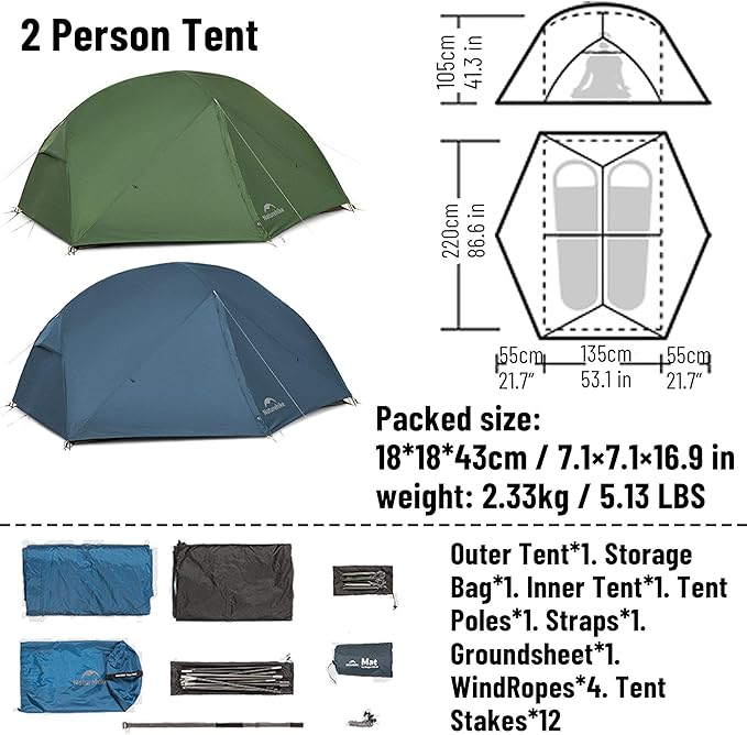 Naturehike 2025 Mongar Pro/Base Camping Tent, 1-3 Person Ultralight Backpacking Tent, 20D Nylon 3 Season Waterproof Mongar 2 Person Hiking Tent for Backpacker, Trip, Solo Camping