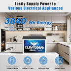 12V 300Ah LiFePO4 Lithium Battery with 3840Wh Energy, Built-in 200A BMS, Max 2560W Load Power, 10 Years Lifetime Up to 15000 Cycles, Perfect for RV Camping Solar Energy Storage Marine Trolling Motor