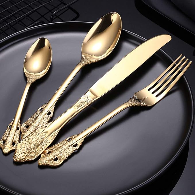4 Pieces of Stainless Steel Gold-Plated Tableware Mirror Polished Portable Cutlery Set,
