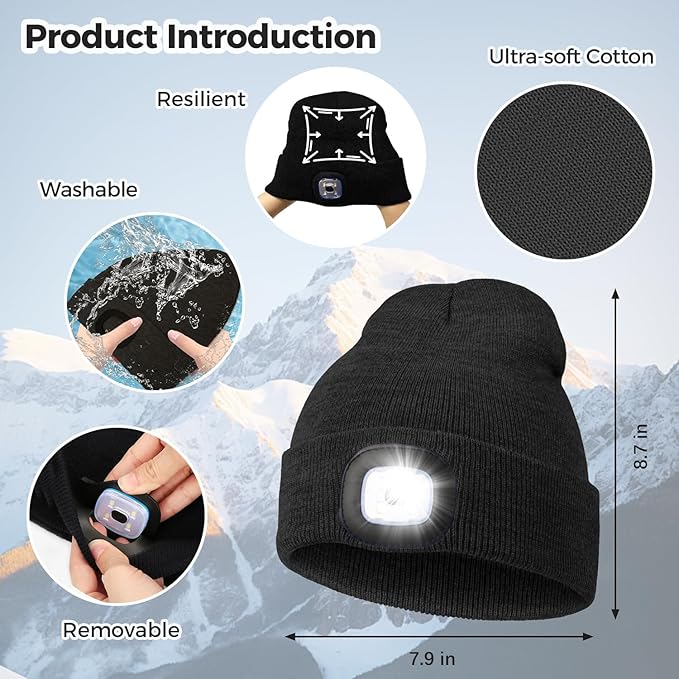 LED Beanie Hat with Light, Headlamp Beanie Cap Unisex Winter Warm Knit Night Light Hat, Knit Beanie Gifts for Men Women Kid