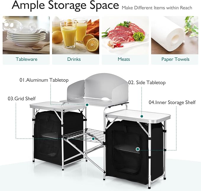 Goplus Folding Camping Kitchen Table with Storage, Aluminum Portable Outdoor Cooking Table with Windscreen, Foldable Camp Table Cook Station for BBQ, Grill, Party, Picnics, 68D x 19W x 43.5H in, Black