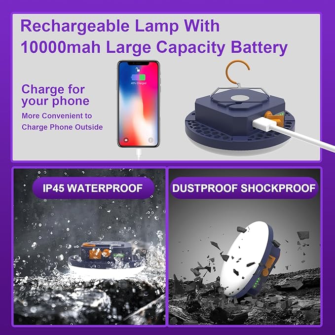 10000mAh Rechargeable UV Light 395nm UV / 6500K Camping Blacklight , 3000 Lumens Tent Light, Glow Lights for Party , Bedroom, Fluorescent Poster , Dog/Cat Urine Halloween Black Light (UV) (Standard)