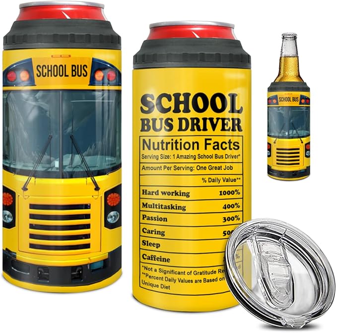 winorax School Bus Driver Gifts 4-in-1 Can Cooler Tumbler Stainless Steel Insulated Coffee Travel Mug Cup with Lid