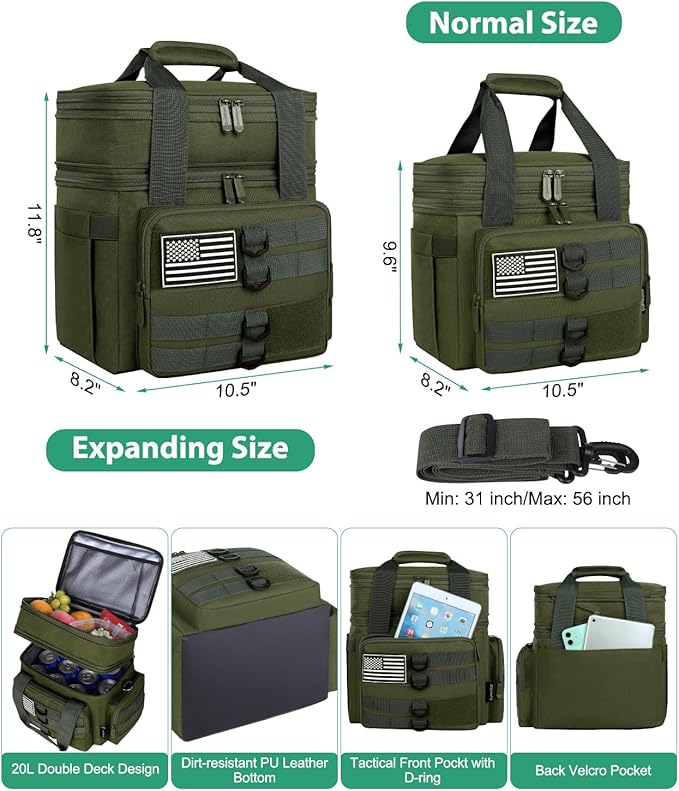 Tactical Lunch Box for Men, Large Insulated Lunch Bag for Adult, Heavy Duty Double Deck Expandable Lunch Cooler Bag with American Flag, Leakproof Soft Lunch Pail for Work Office Camping - Green