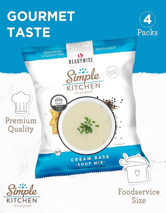 Simple Kitchen Cream Base Soup Mix - 17 Servings for Family Meal Prep, Vegetarian, Gluten Free, Dehydrated & Freeze Dried Survival Food for Camping Meals, Backpacking & Hiking, Survival Kit, Pack of 4