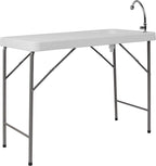 Flash Furniture Wesley 4' Portable Fish Cleaning Table with Sink, Outdoor Portable Folding Camping Sink Table with Faucet, and Hose Attachment, White