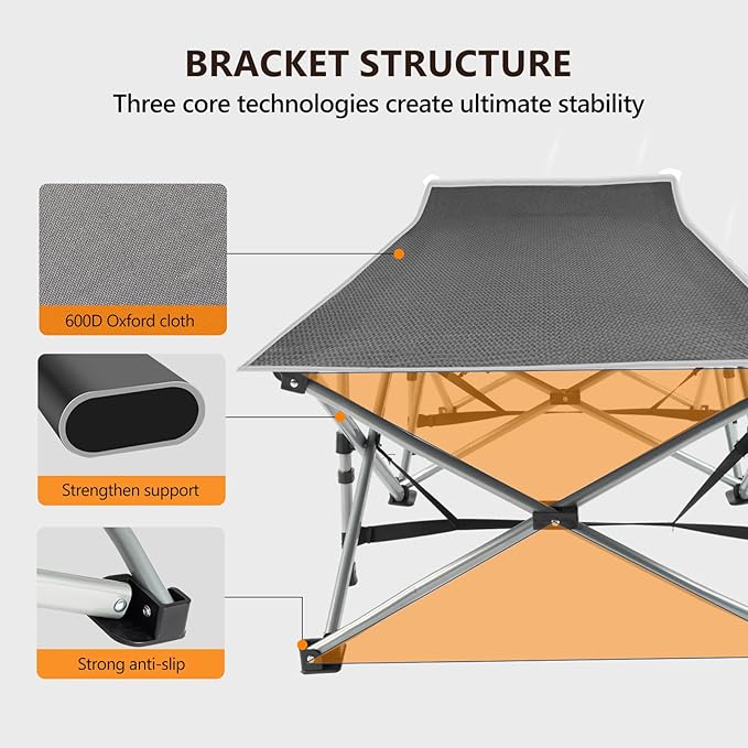 VINGLI Folding Camping Cot Bed,Camping Cots for Adults with Mattress, Foldable Cots for Sleeping with Pillow 1200D Layer Oxford for for Guest,Travel,Hiking Grey