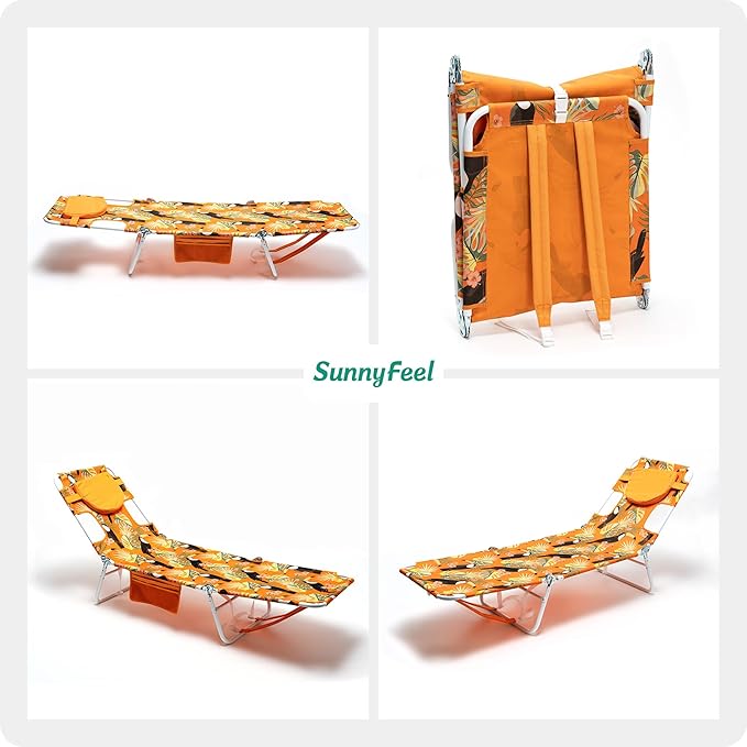 SUNNYFEEL Beach Lounge Chair, Backpack Reclining Beach Chairs Lay Flat, Sun Face Down Tanning Chair, Folding Camping Chairs Portable Camp Cot with Backpack Straps for Outdoor/Picnic/Lawn