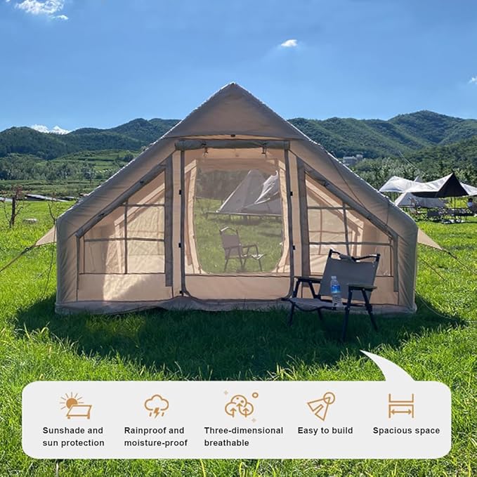 Large Luxury Inflatable Camping Tent Cotton Canvas Tent, Breathable and Waterproof Air Tent with Skylight and Stove Jack Hole for for 4-6-8-10 Person Family Camping