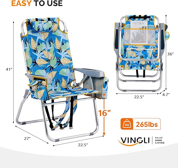 VINGLI Tall Beach Chair 2 Pack Lightweight, Backpack Beach Chair for Adults with 5-Position, Cooler Bag, Cup Holders, Towel Bar, Lightweight Folding Beach Camping Chairs