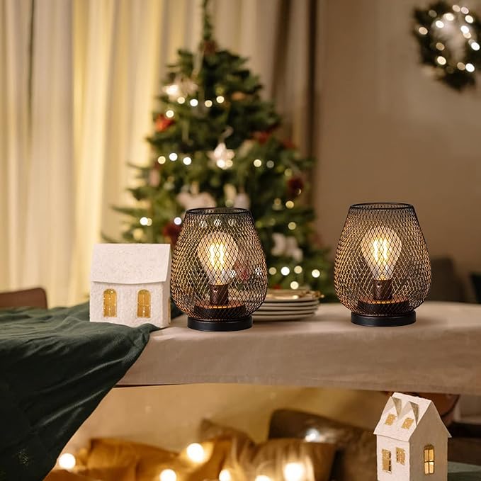 DECORKEY Set of 2 Rechargeable Lamp LED Table Lantern, Brown Metal Cage Cordless Lamps with LED Bulb，Vintage Decorative Outdoor Lantern for Weddings, Parties, Patio, Events for Indoors Shelf Decor