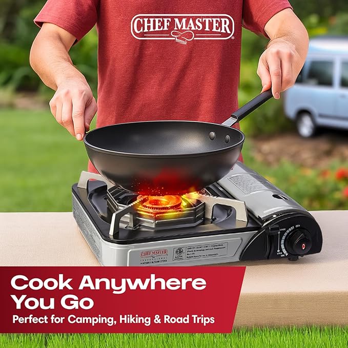 Chef-Master 90011 Butane Countertop Stove, 10 000 BTU Portable with Carry Case, High Performance, Piezo Ignition, Brass Burner, Safety Stop