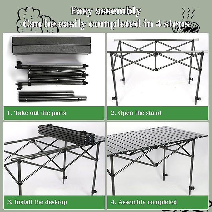 Adjustable Height Aluminum Folding Camping Table，Folding Grill Table，for Outdoor, Camping, Beach, BBQ, Patio, and Picnic, Durable & Waterproof with Carrying Bag (Trumpet)