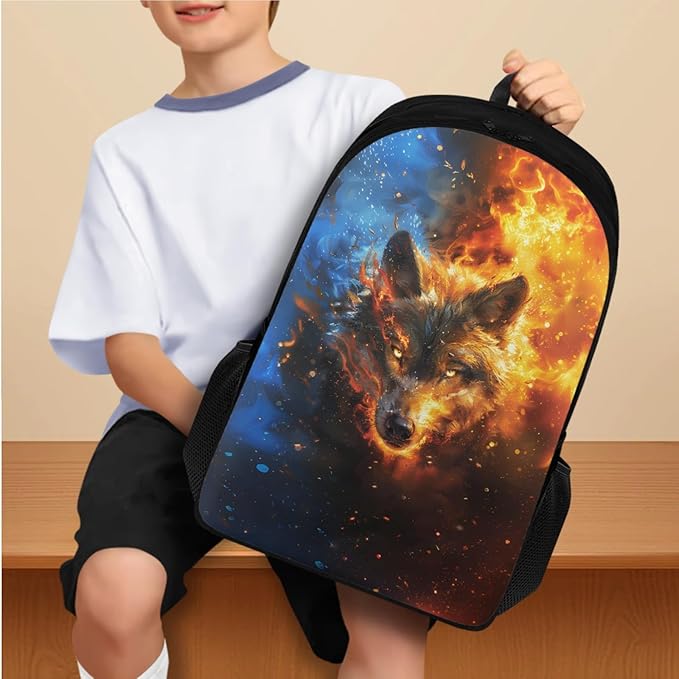 Wolf Backpack for School Boys Back to School, 4th Grade Boys Backpack 4 Piece Set Lunch Box Lightweight Pencil Case Water Bottle Holder Bookbag Accessories Sets