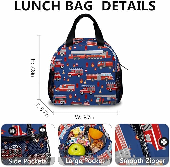 Fire Truck Backpack with Lunch Box Set for Boys, 3 in 1 Kids School Backpacks Matching Combo for Toddler Boy, Durable Truck Patterns Bookbag and Pencil Pouch Bundle for Preschool Elementary