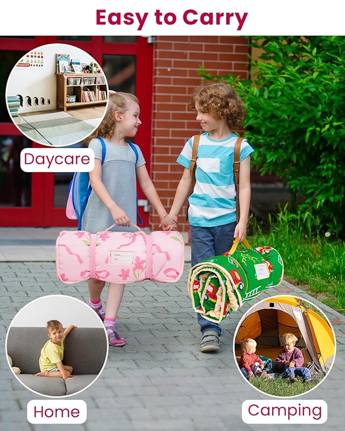 Toddler Nap Mat with Pillow and Minky Blanket, Large 55"x35" Sleeping Bag, Washable, Lightweight, Easy to Roll, Perfect for Preschool, Daycare, Kindergarten, Travel, Boys and Girls-Bow