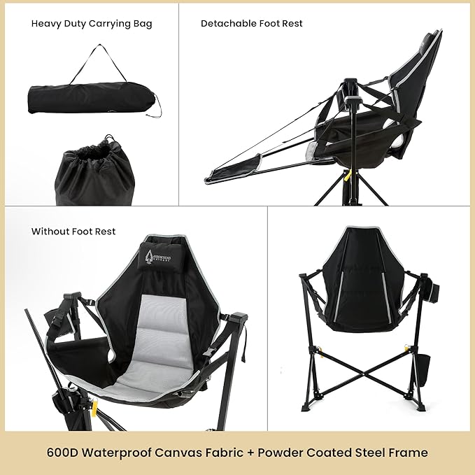 Arrowhead Outdoor Folding Hammock Camp Chair with Detachable Footrest, Stabilized Feet, Padded Headrest and Seat, Large Cup Holders, 300 LBS Weight Capacity, for Camping, Beach, Tailgating