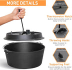 Camping Dutch Oven, 9 Qt Pre-Seasoned Cast Iron Camp Dutch Oven Pot with Lid - Lid Lifter, Cast Iron Dutch Oven with Metal Handle for Cooking BBQ Baking Campfire Modern Black