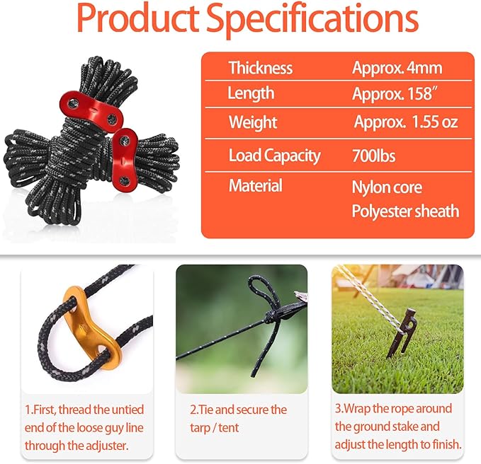 Outdoor Tent Guy Lines, Lightweight Camping Ropes with Aluminum Tensioners and Storage Pouch, Ideal for Tents, Tarps, Canopies, Camping, Hiking and Backpacking（6-Pack | Black）