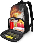 Lunch Backpack for Women Men Work, 17 Inch Insulated Cooler Backpack with Lunch Compartment All In One Meal Bag, Boys School Daypack Bookbag for Travel Casual Office, Fire Flame Soccer