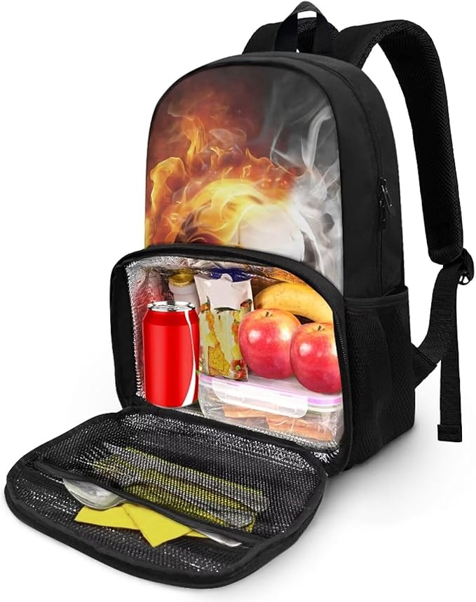 Lunch Backpack for Women Men Work, 17 Inch Insulated Cooler Backpack with Lunch Compartment All In One Meal Bag, Boys School Daypack Bookbag for Travel Casual Office, Fire Flame Soccer