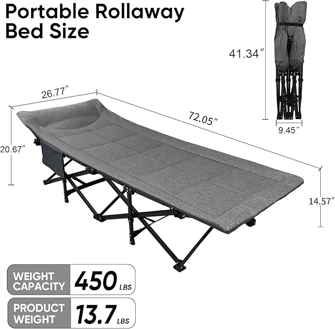 Northroad Camping Cot for Adults with Cushion and Pillow, Portable Folding Bed for Sleeping, Lightweight Tent cot with Carry Bag Supports 450 lbs (Grey)