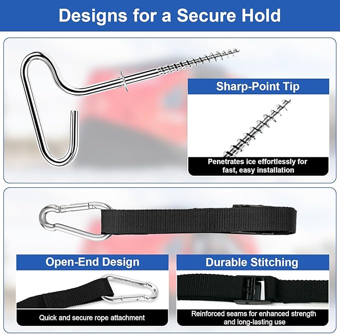 Deluxe Shelter Tie Down Kit 24260 Fit for Eskimo Ice Fishing Tent, Ice Shelter Anchors Accessories for Setting Up Shelter Shanty - Includes 2 Cam Straps & 2 Self-tapping Ice Anchors with Strong Grip