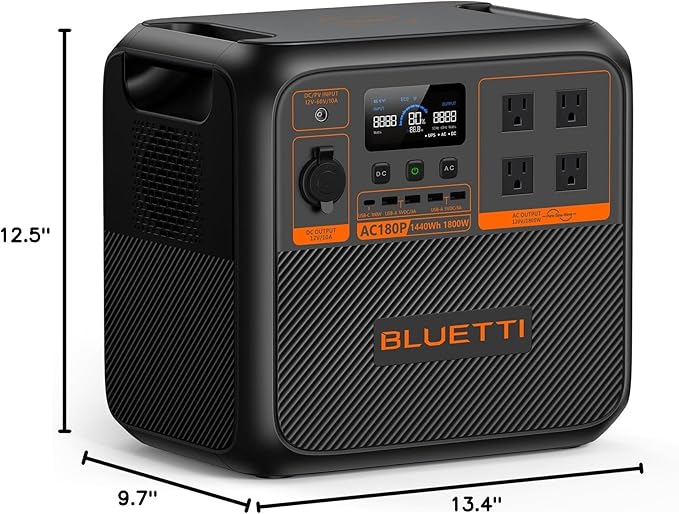 BLUETTI AC180P Portable Power Station, 1440Wh LiFePO4 Battery Backup w/ 4 1800W (2700W Power Lifting) AC Outlets, 0-80% in 45Min, Solar Generator for Camping, Off-grid, Power Outage