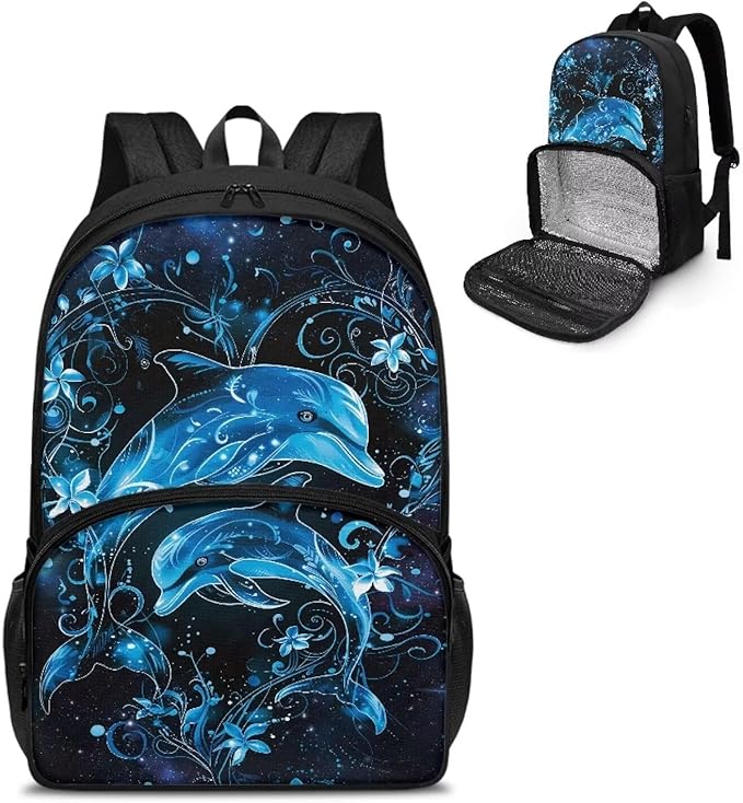 School Backpack with Multi Pockets, Lightweight Insulated Cooler Backpack Lunch Box, Casual School Work Nurse Hiking Outdoor Daypack Meal Bag, Blue Dolphin Floral
