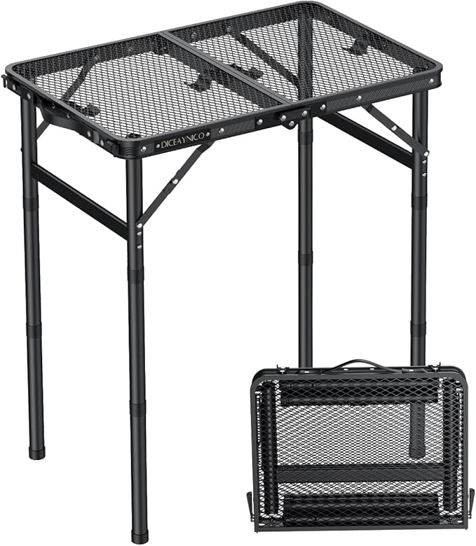 Folding Camping Table, 22" x 15" Picnic Table with 3 Adjustable Height Max 27.5", Matte Black Aluminum Folding Table with Handle for Party, Dining, Garden, Patio, Market (2-Fold Mesh Tabletop)