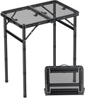Folding Camping Table, 22" x 15" Picnic Table with 3 Adjustable Height Max 27.5", Matte Black Aluminum Folding Table with Handle for Party, Dining, Garden, Patio, Market (2-Fold Mesh Tabletop)