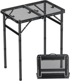 Folding Camping Table, 22" x 15" Picnic Table with 3 Adjustable Height Max 27.5", Matte Black Aluminum Folding Table with Handle for Party, Dining, Garden, Patio, Market (2-Fold Mesh Tabletop)