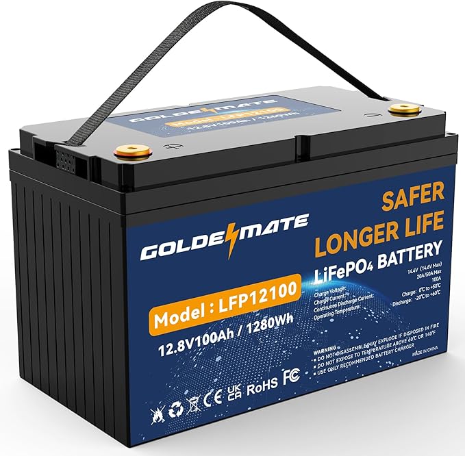 GOLDENMATE 12V 100Ah LiFePO4 Battery, Up to 15000 Deep Cycles Group 31 Lithium Battery, Built-in 100A BMS, Perfect for RV, Solar, Camping, Marine, Trolling Motor and Off-Grid Applications