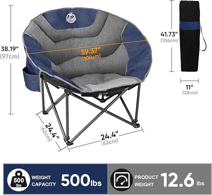 Northroad XXL Camping Moon Chair,Oversized Round Chair,Folding Padded Saucer w/Side Pocket,500lbs Capacity for Outdoor Hiking Fishing Picnic Lawn,Blue&Grey