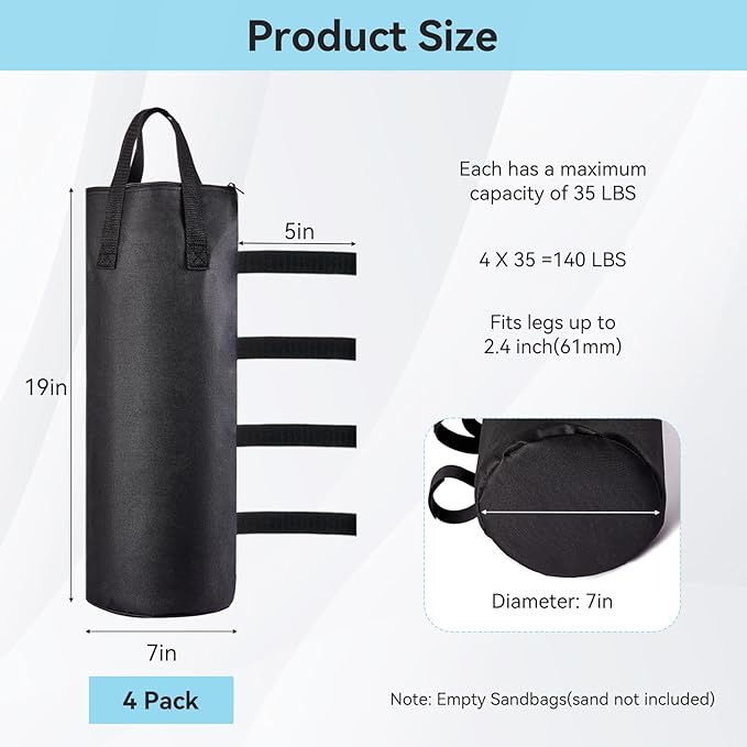 140 LBS Top Zipper Sand Bags for Canopy Legs, Canopy Weights Set of 4, Extra Large Sand Bags for Weights, Pop up Canopy Tent, Gazebo, Carport, RV Awning, Outdoor Sun Shelter(Without Sand)