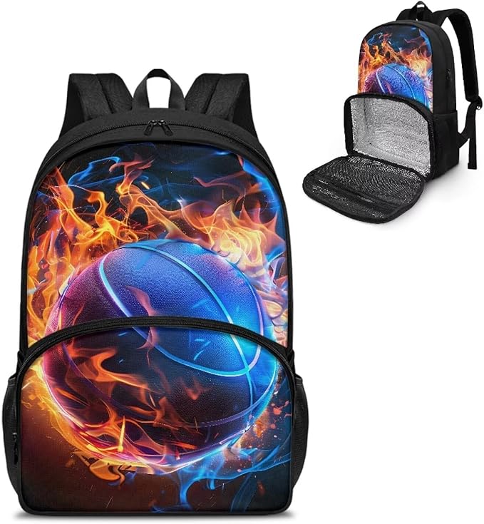 Casual Bookbag Laptop Backpacks Hiking Outdoor Insulated Unisex Lunch Cooler Backpack All In One Food Backpack Meal Bag Travel Work Daypack for Men Women, Fire Flame Basketball