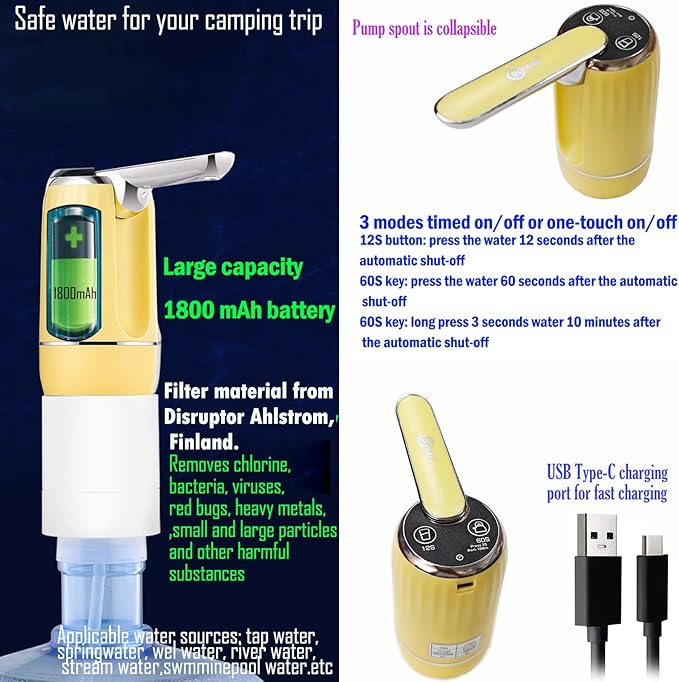CoolWAY 2-5 Gallon Water Bottle Electric Folding Water Pump with Replaceable Filters - Portable Water Filter for Camping, Outdoor, Home and Office, Emergency Storage Bucket Filtration System