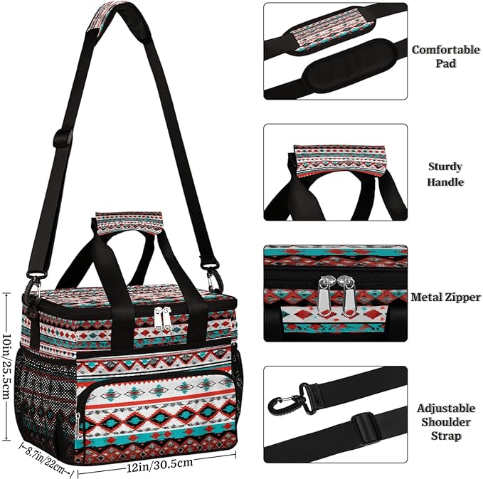 Leakproof Reusable Insulated Cooler Lunch Bag Ethnic Aztec Geometric Picnic Lunch Box for Women Men Cooler Tote Office Work Camping Beach 24 Can 15L