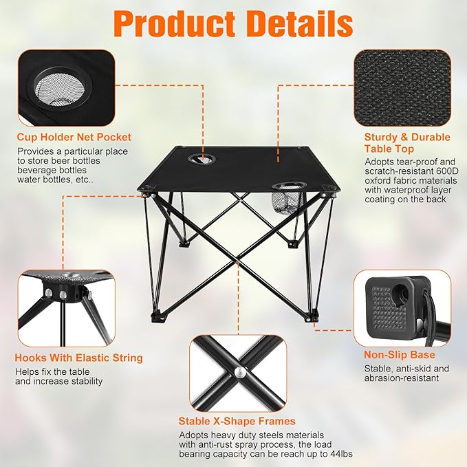 Folding Camping Table, 600D Oxford Portable Picnic Tables Lightweight Folding Table Beach Table with 2 Cup Holder for BBQ Outdoor Fishing Beach Picnic and Outdoor Activities