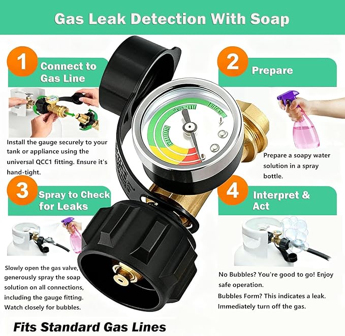 Propane Tank Gauge Gas Pressure Meter, QCC1/Type 1 Connection Solid Brass Weatherproof, Easy Read Level Indicator for Grill RV Camper Fire Pit Camping Stove Patio Heater & More 5-40 LB Cylinders
