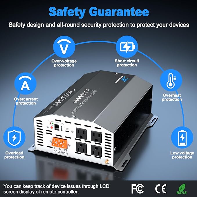 2000 Watts Pure Sine Wave Inverter 12V DC to 110V/120V AC Converter, 4000W Peak, LCD Remote Control, 4 AC Outlets, USB & Type-C – for RV, Truck, Off-Grid Solar, Emergency Power Backup