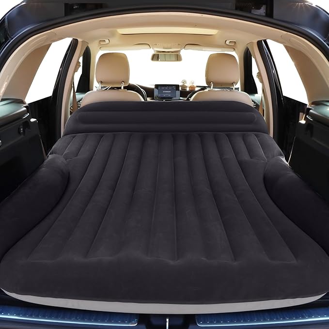 SUV Air Mattress, Double-Sided Thick Flocked Car Air Mattress with Built-in Pump & Pillow, Complete Sleeping Accessories for Auto Camping & Road Trips（Blue Black）