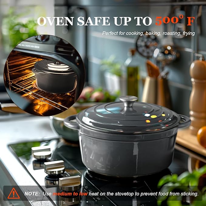 Overmont Enameled Cast Iron Dutch Oven - 4.5QT Pot with Lid Cookbook & Cotton Potholders - Heavy-Duty Cookware for Braising, Stews, Roasting, Bread Baking grey