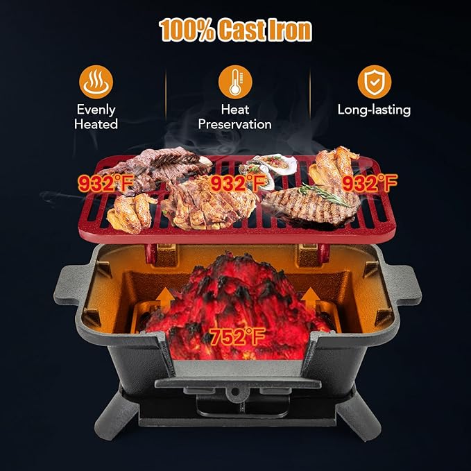 Giantex Portable Hibachi Grill, Double-sided Cast Iron Grill with Air Regulating Door & Fire Gate, Grate Lifter, Ideal for Outdoor Picnic, Camping & Backyard Barbecue Cooking