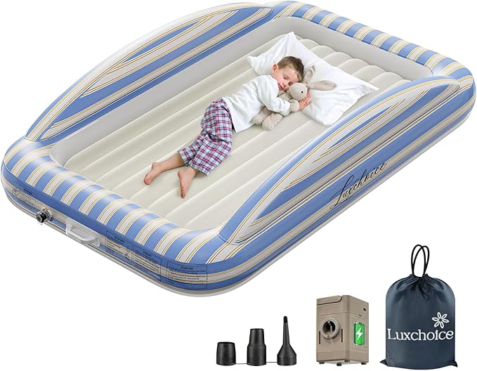 Inflatable Toddler Travel Bed with Cordless Rechargeable Air Pump – Comfy Removable Flocked Toddler Air Mattress & Safety Rails, Portable Kids Blow Up Bed for Home Camping Sleepover Vacation