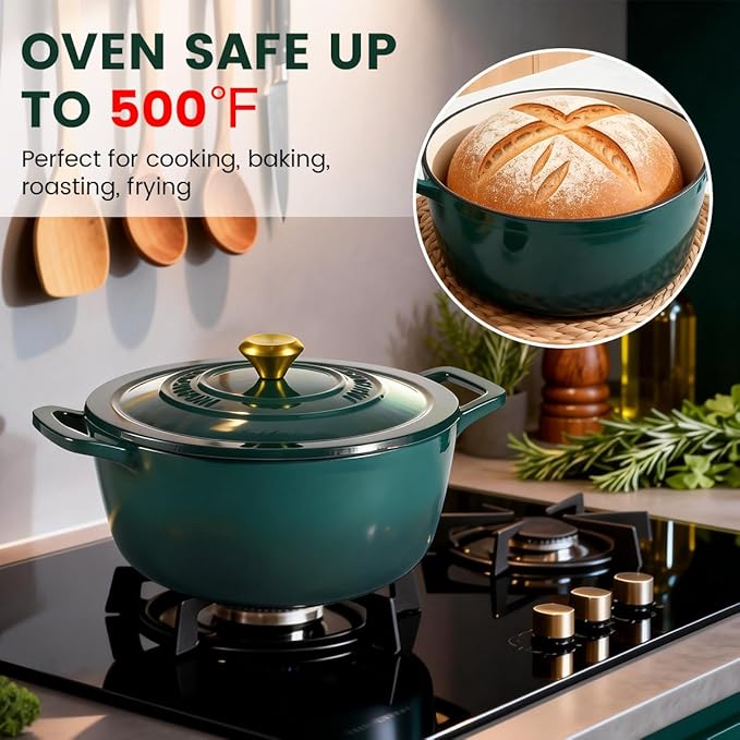 Enameled Cast Iron Dutch Oven with Lid – 5QT Heavy-Duty Pot, Oven Safe up to 500°F, Dual Handles, Ideal for Sourdough Bread Baking, Stews, Roasting, Braising – All Cooktops, Durable & Versatile Cookware (Green)